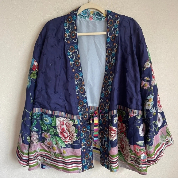 Johnny Was Tied Front Floral Teagan Reversible Silk Kimono - Picture 6 of 9